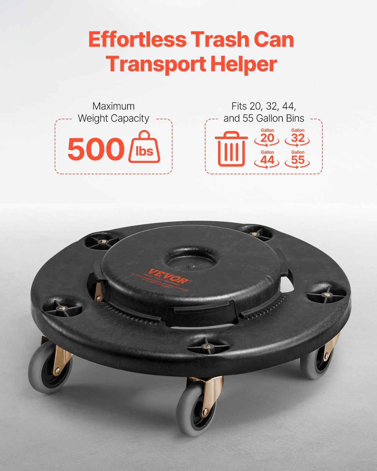 VEVOR Carrello per Bidoni della Spazzatura, con 4 Ruote Bloccabili, Capacità di Peso di 227 kg, Base a Rulli Rotonda, Carrello per Barili per Impieghi Gravosi 455 x 155 mm Colore Nero