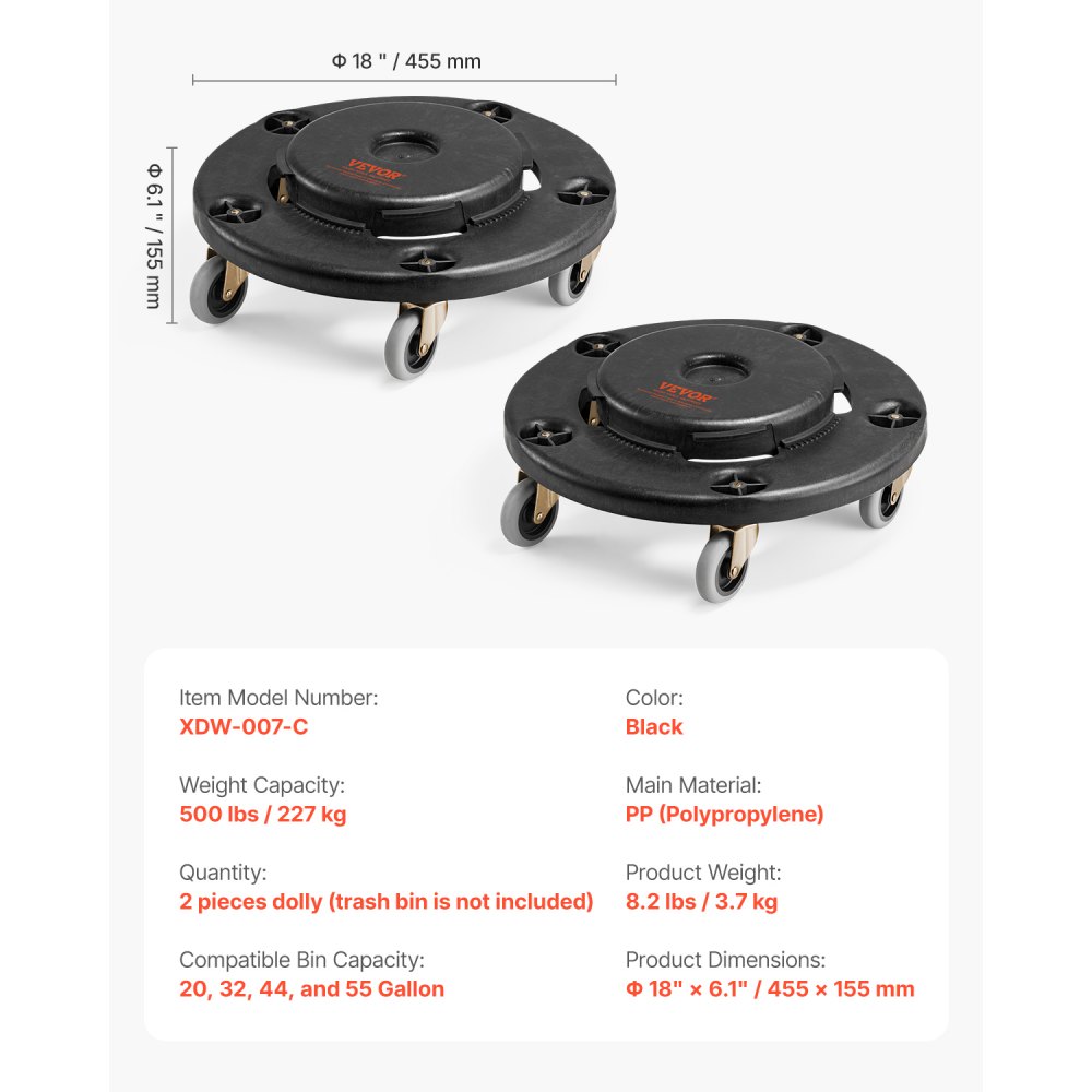 VEVOR Carrello per Bidoni della Spazzatura, con 4 Ruote Bloccabili, Capacità di Peso di 227 kg, Base a Rulli Rotonda, Carrello per Barili per Impieghi Gravosi 455 x 155 mm Nero 2 Pezzi