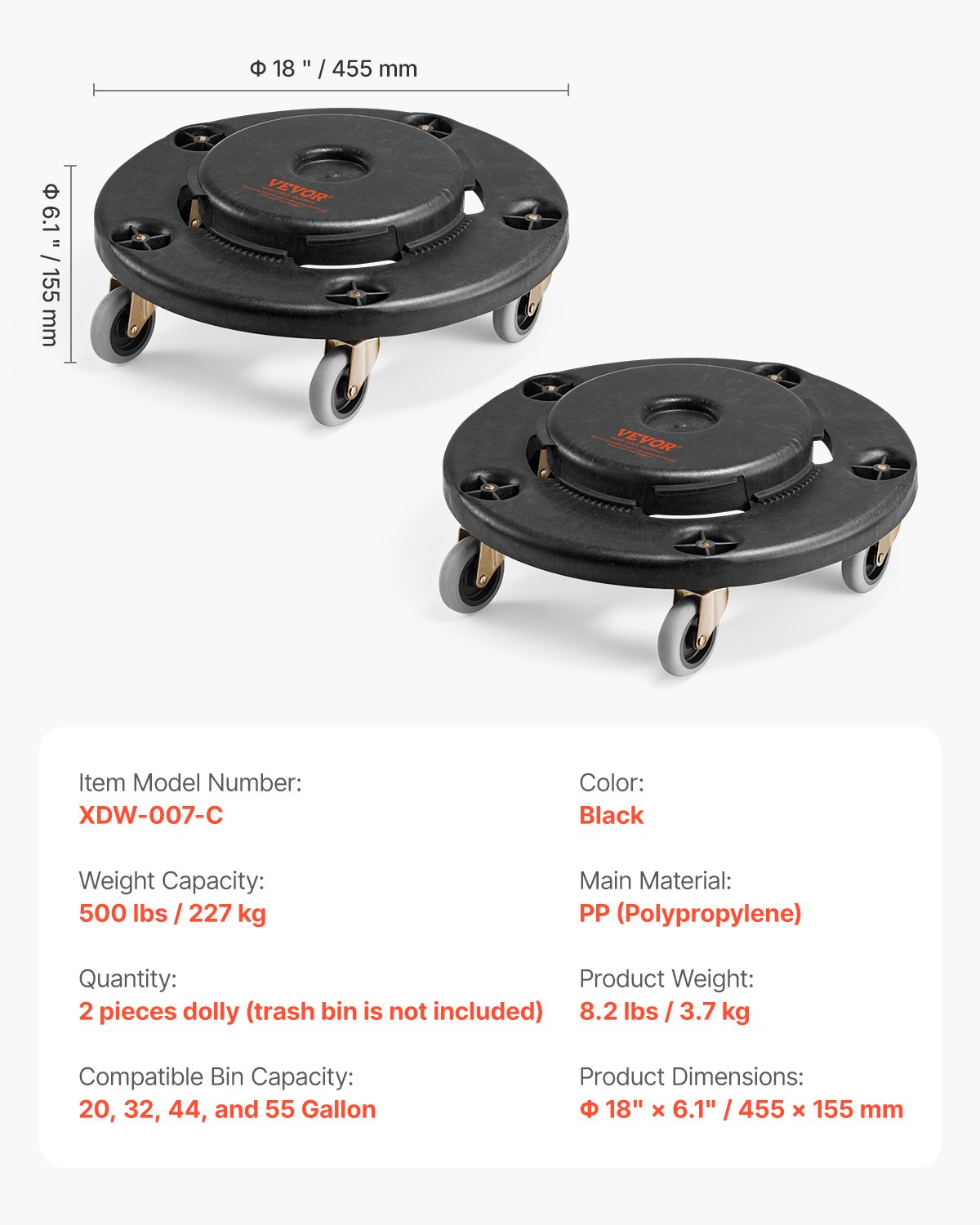 VEVOR Carrello per Bidoni della Spazzatura, con 4 Ruote Bloccabili, Capacità di Peso di 227 kg, Base a Rulli Rotonda, Carrello per Barili per Impieghi Gravosi 455 x 155 mm Nero 2 Pezzi