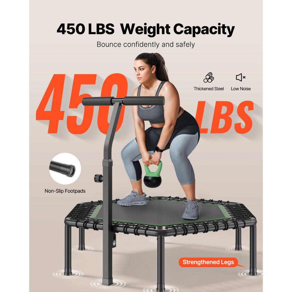 VEVOR Mini Trampolino per Fitness Esercizi da Interno 1385 mm, Trampolino Elastico Carico max 205 kg Altezza Regolabile a 3 Livelli con Maniglia in Schiuma per Esercizi Allenamento Salto per Adulti