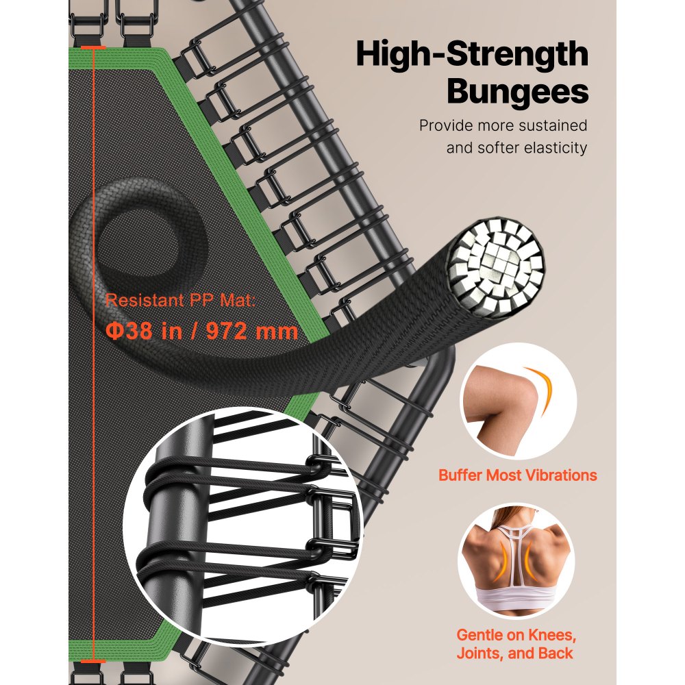 VEVOR Mini Trampolino per Fitness Esercizi da Interno 1385 mm, Trampolino Elastico Carico max 205 kg Altezza Regolabile a 3 Livelli con Maniglia in Schiuma per Esercizi Allenamento Salto per Adulti