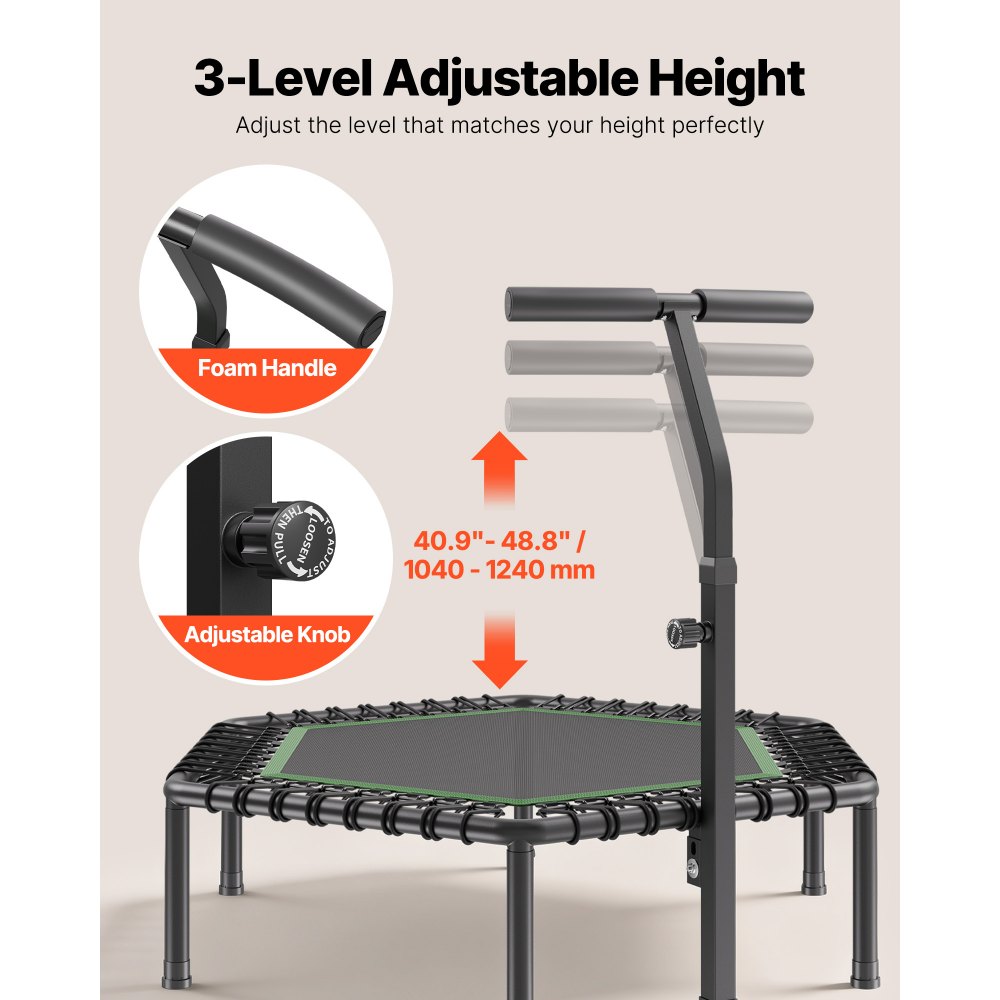 VEVOR Mini Trampolino per Fitness Esercizi da Interno 1385 mm, Trampolino Elastico Carico max 205 kg Altezza Regolabile a 3 Livelli con Maniglia in Schiuma per Esercizi Allenamento Salto per Adulti