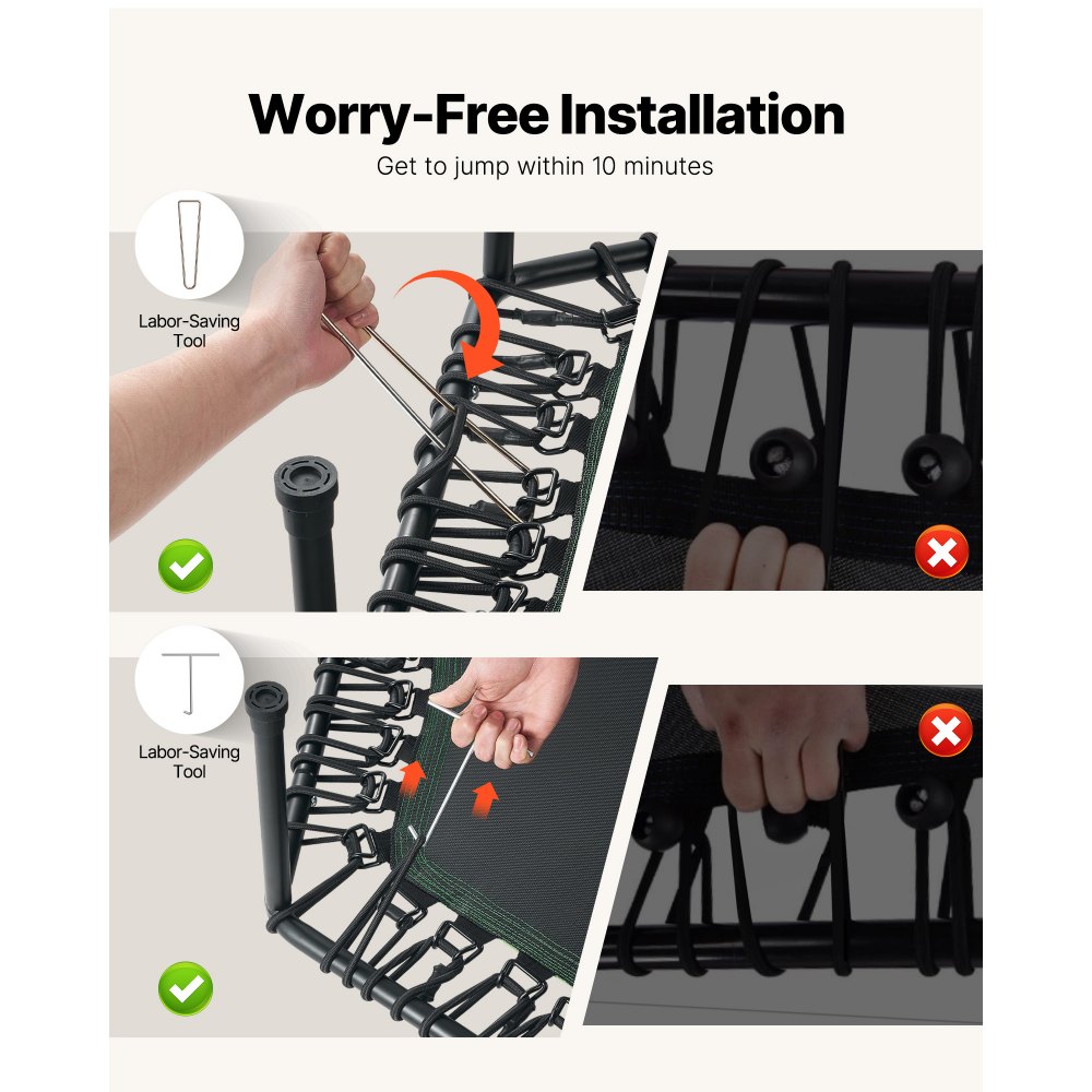 VEVOR Mini Trampolino per Fitness Esercizi da Interno 1385 mm, Trampolino Elastico Carico max 205 kg Altezza Regolabile a 3 Livelli con Maniglia in Schiuma per Esercizi Allenamento Salto per Adulti