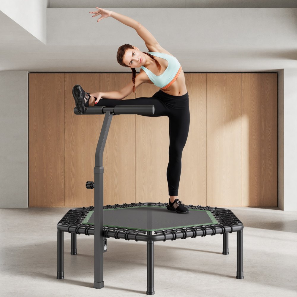 VEVOR Mini Trampolino per Fitness Esercizi da Interno 1385 mm, Trampolino Elastico Carico max 205 kg Altezza Regolabile a 3 Livelli con Maniglia in Schiuma per Esercizi Allenamento Salto per Adulti