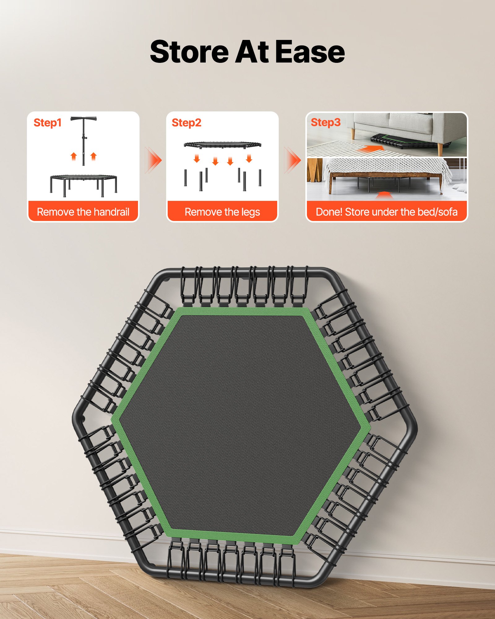 VEVOR Mini Trampolino per Fitness Esercizi da Interno 1385 mm, Trampolino Elastico Carico max 205 kg Altezza Regolabile a 3 Livelli con Maniglia in Schiuma per Esercizi Allenamento Salto per Adulti