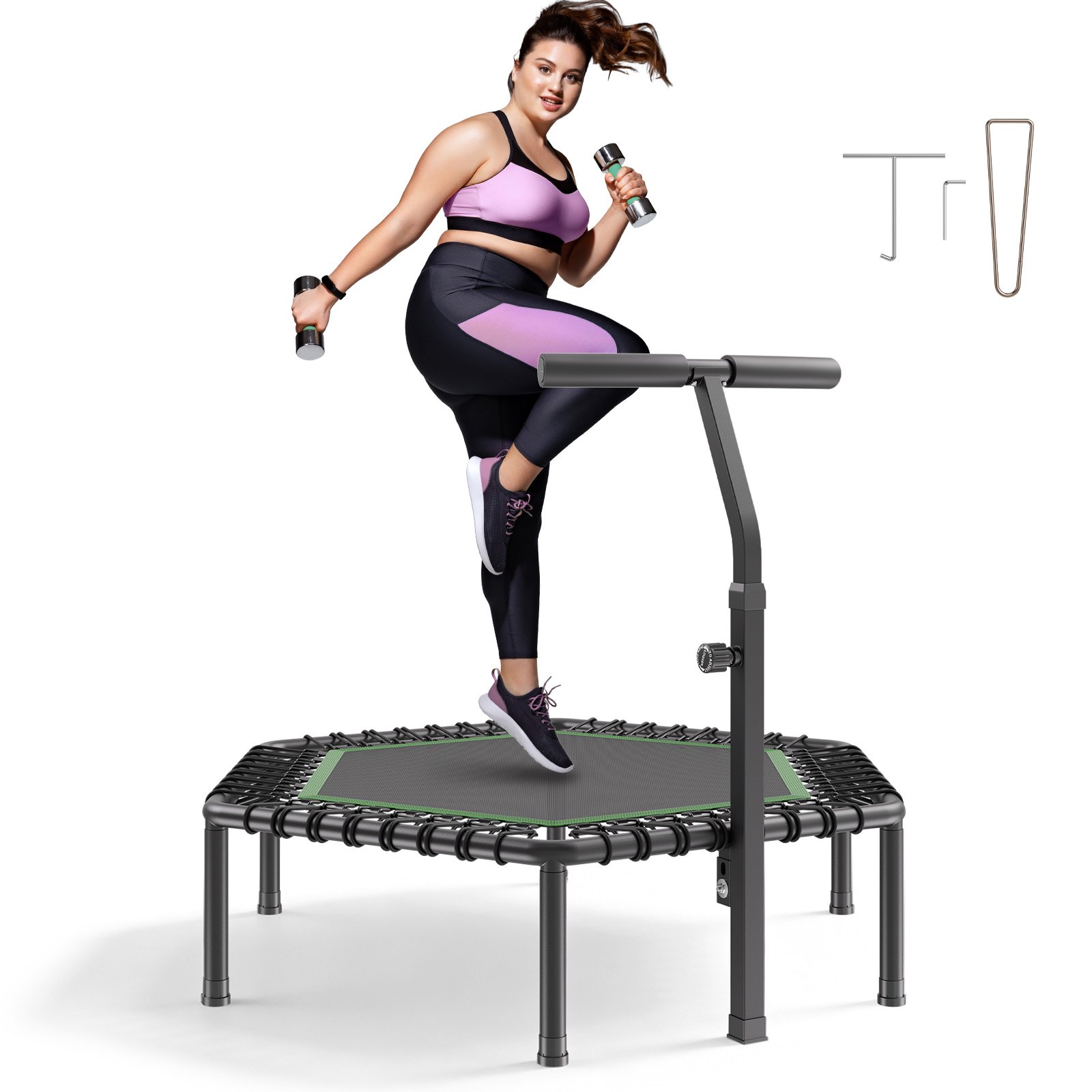 VEVOR Mini Trampolino per Fitness Esercizi da Interno 1385 mm, Trampolino Elastico Carico max 205 kg Altezza Regolabile a 3 Livelli con Maniglia in Schiuma per Esercizi Allenamento Salto per Adulti