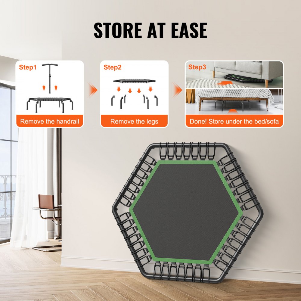 VEVOR Mini Trampolino Pieghevole Fitness Rimbalzo 1385 mm Trampolino da Allenamento Resiliente 205 kg Trampolino da Giardino, Maniglia in Schiuma Regolabile in Altezza 3 Livelli 44 Cinghie di Tensione