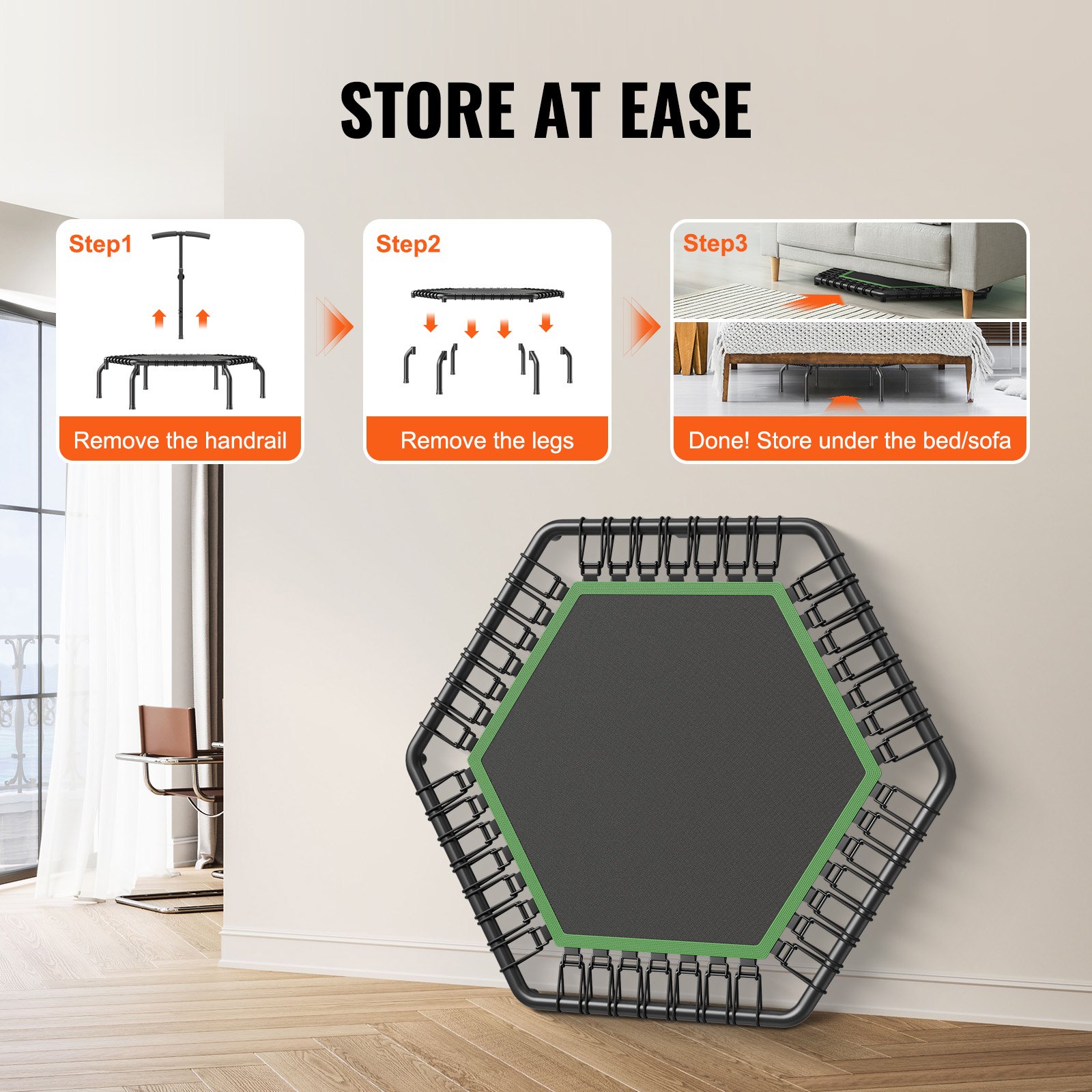 VEVOR Mini Trampolino Pieghevole Fitness Rimbalzo 1385 mm Trampolino da Allenamento Resiliente 205 kg Trampolino da Giardino, Maniglia in Schiuma Regolabile in Altezza 3 Livelli 44 Cinghie di Tensione