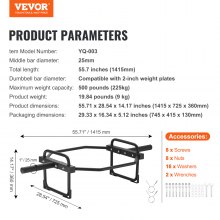 VEVOR Barra Esagonale per Manubri per Allenamento Diametro 25mm, Barra di Pesi Portata max. 225kg Esagonale in Acciaio A3 Lunghezza Totale 1415mm, Barra per Manubrio per Allenamento Fisico da Palestra