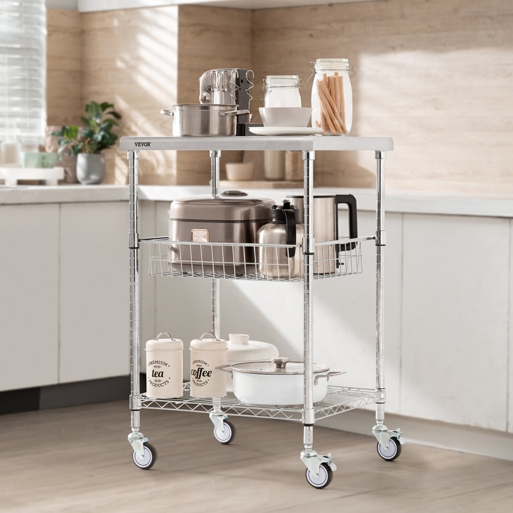 VEVOR Carrello da Cucina, 3 Ripiani, Carrello Acciaio Inox Capacità Carico max.  ca. 213,2 kg, Carrello di Servizio in Acciaio 4 Ruote, Carrello Portaoggetti in Acciaio Inox con Cestello Portaoggetti