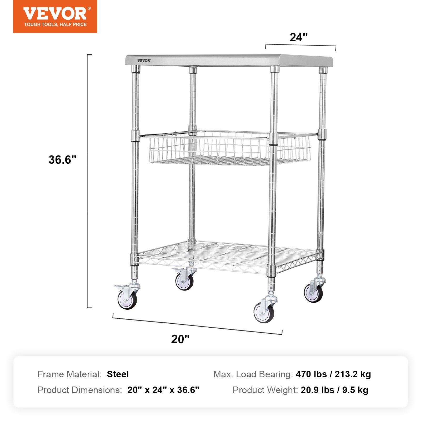 VEVOR Carrello da Cucina, 3 Ripiani, Carrello Acciaio Inox Capacità Carico max.  ca. 213,2 kg, Carrello di Servizio in Acciaio 4 Ruote, Carrello Portaoggetti in Acciaio Inox con Cestello Portaoggetti