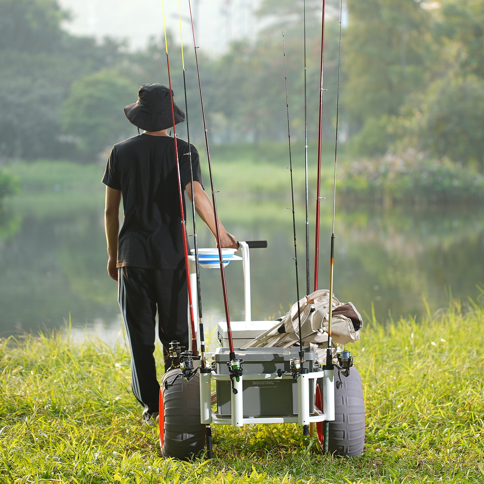VEVOR Carrello da Pesca da Spiaggia Capacità di Carico 158,75kg, Carrello con 8 Porta Canne da Pesca Ruote in PU Gonfiabili, Carrello da Pesca in Acciaio Resistente da Spiaggia per Picnic all'Aperto