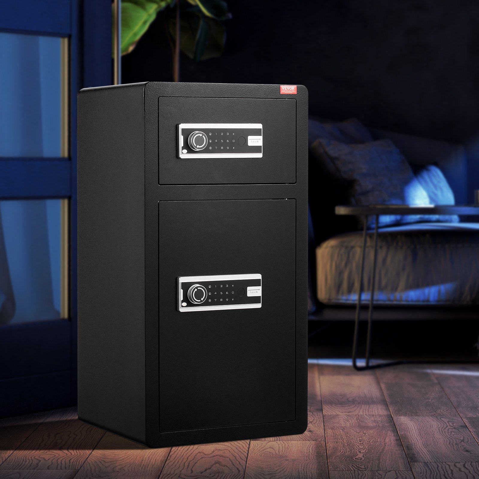 VEVOR Cassaforte a Doppia Anta da 155,7 L con Serratura a Chiave e Password, Cassaforte con Borsa Ignifuga, Portachiavi, Luce LED, 2 Divisori Regolabili Rimovibili per Denaro documenti Gioielli Nero