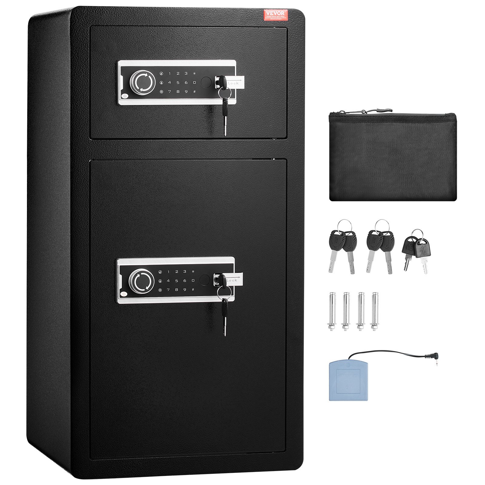 VEVOR Safe with fireproof wallet, double-door safe 5.5 cubic feet, 2 height-adjustable dividers, digital furniture safe with key and code, safe for money, jewelry, and valuables, black