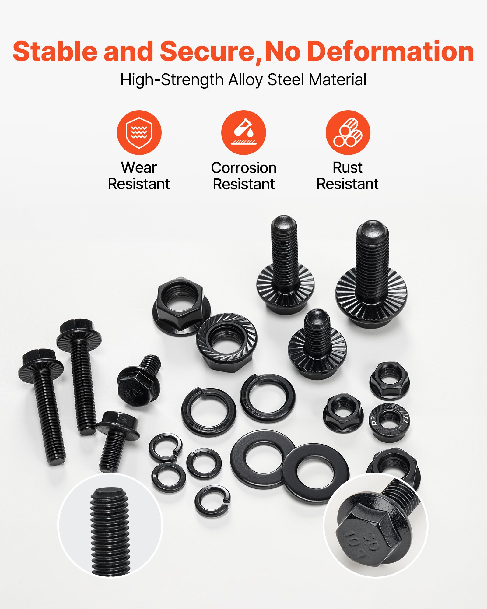 VEVOR 280 Pcs Bolts and Nuts Assortment Kit, Metric Machine Screws and Flat Washers, Alloy Steel M6/M8/M10 Multiple Size, for Furniture / Equipment Assembly, Vehicle Grade 10.9 Black, with Case