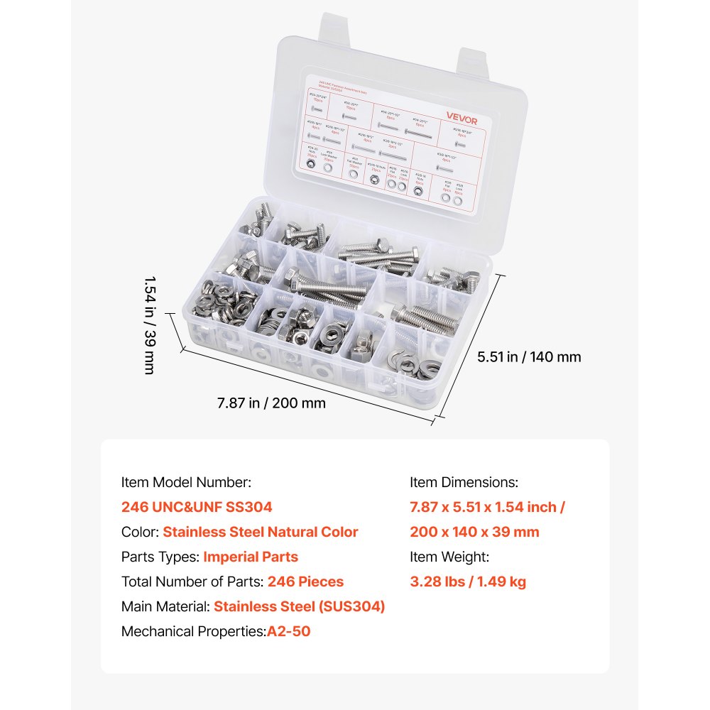 VEVOR Kit Assortimento di Bulloni Dadi da 246 pezzi, Viti Imperiali e Rondelle Piatte, Acciaio Inox 1/4-20, 5/16-18, 3/8-16, Kit di Viti Dadi Assemblaggio per Mobili Attrezzature, Fai da te