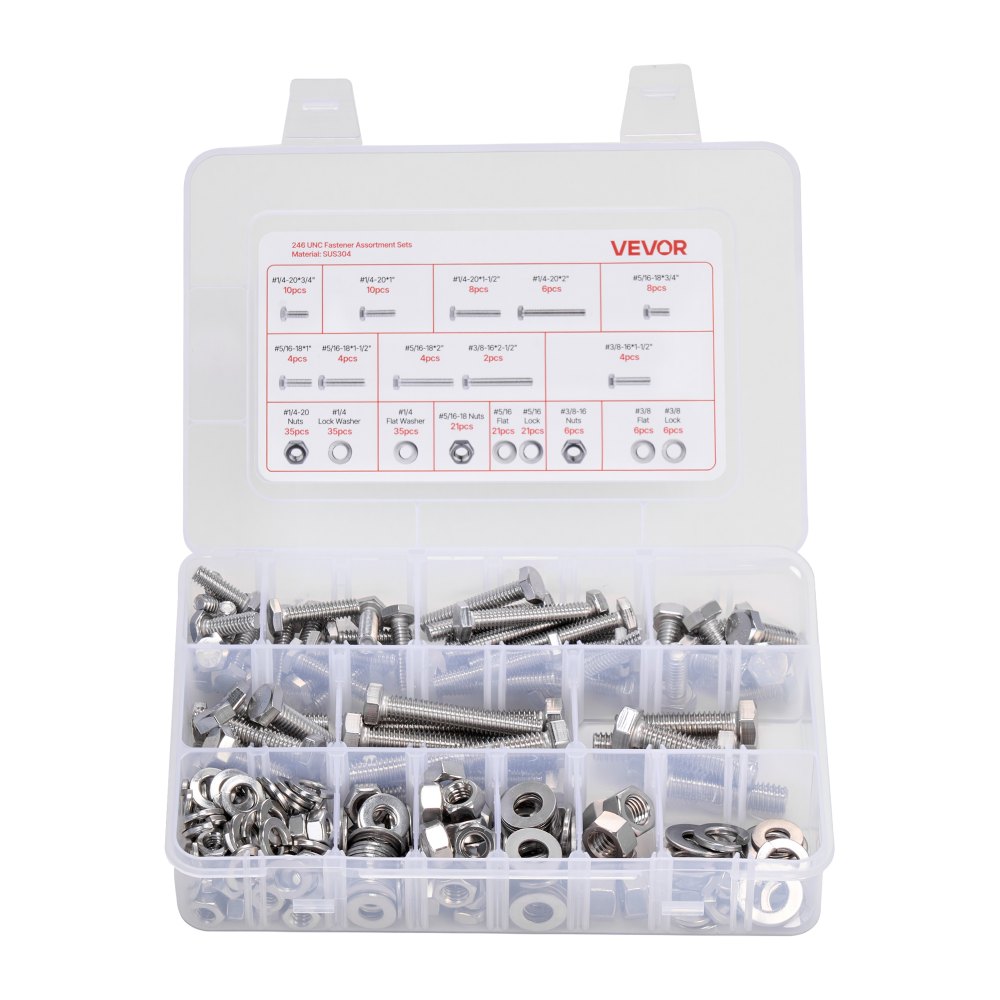 VEVOR Kit Assortimento di Bulloni Dadi da 246 pezzi, Viti Imperiali e Rondelle Piatte, Acciaio Inox 1/4-20, 5/16-18, 3/8-16, Kit di Viti Dadi Assemblaggio per Mobili Attrezzature, Fai da te