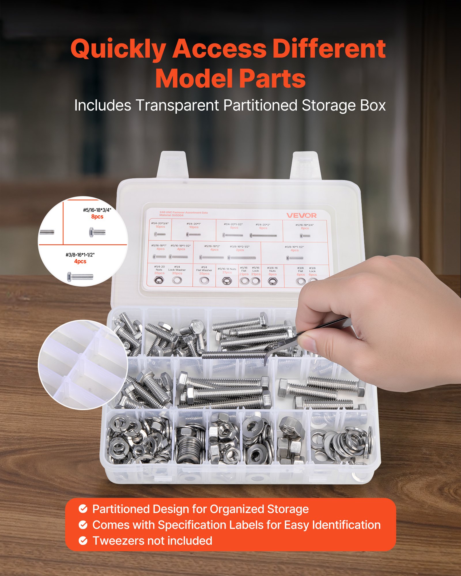 VEVOR Kit Assortimento di Bulloni Dadi da 246 pezzi, Viti Imperiali e Rondelle Piatte, Acciaio Inox 1/4-20, 5/16-18, 3/8-16, Kit di Viti Dadi Assemblaggio per Mobili Attrezzature, Fai da te