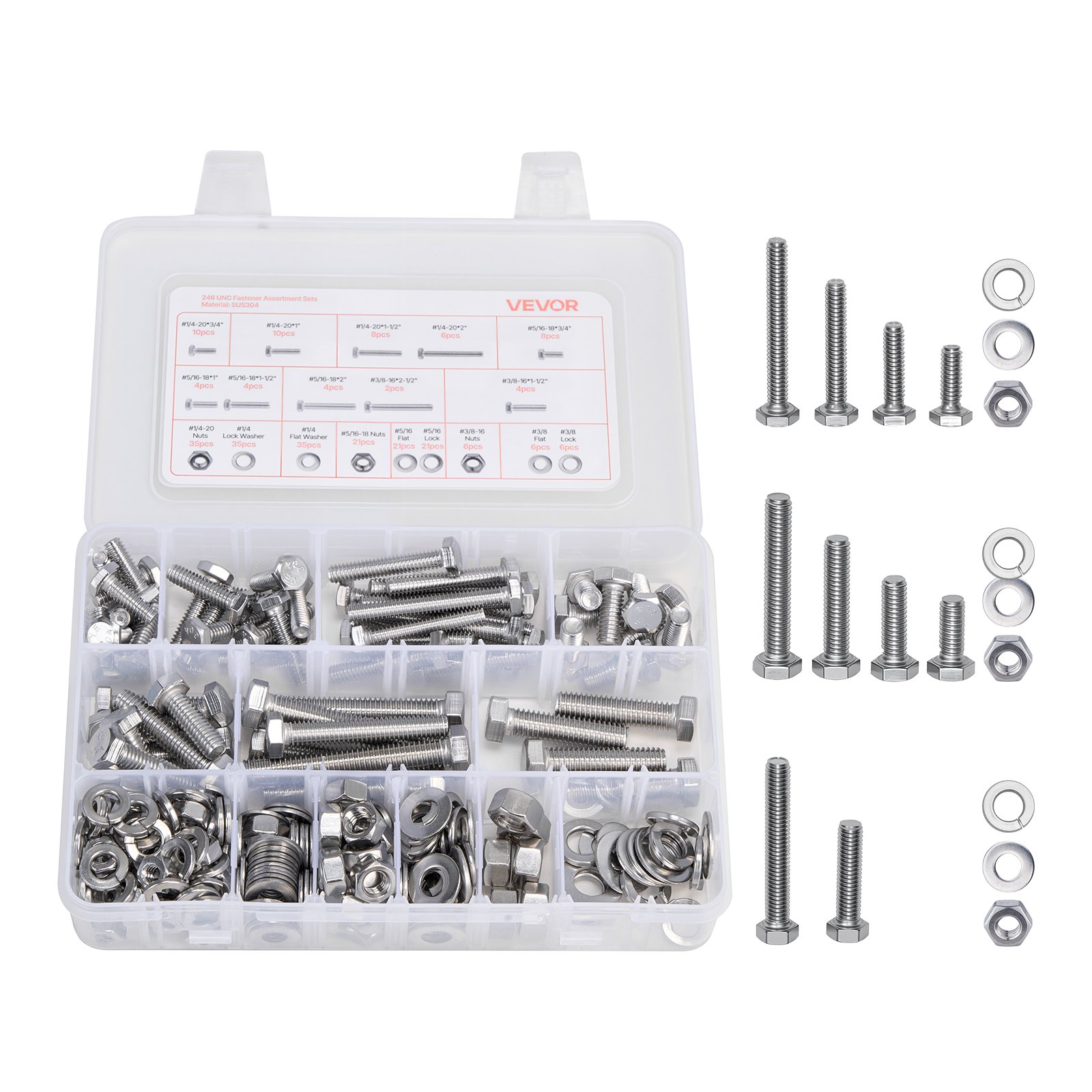VEVOR Kit Assortimento di Bulloni Dadi da 246 pezzi, Viti Imperiali e Rondelle Piatte, Acciaio Inox 1/4-20, 5/16-18, 3/8-16, Kit di Viti Dadi Assemblaggio per Mobili Attrezzature, Fai da te