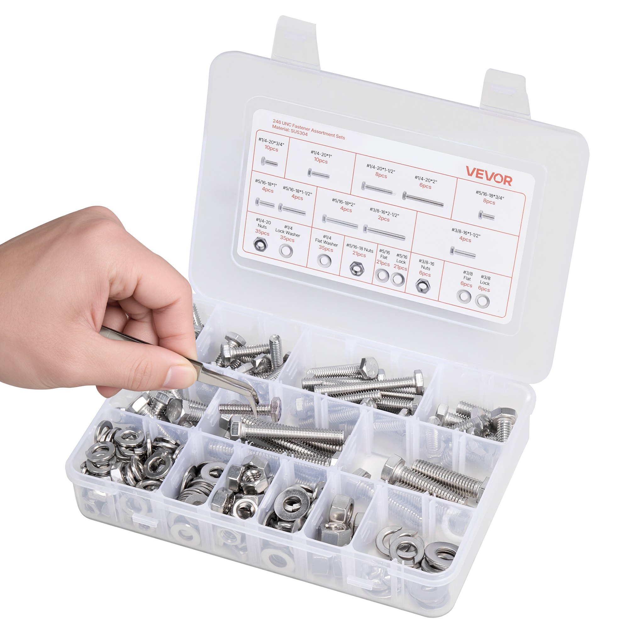 VEVOR Kit Assortimento di Bulloni Dadi da 246 pezzi, Viti Imperiali e Rondelle Piatte, Acciaio Inox 1/4-20, 5/16-18, 3/8-16, Kit di Viti Dadi Assemblaggio per Mobili Attrezzature, Fai da te