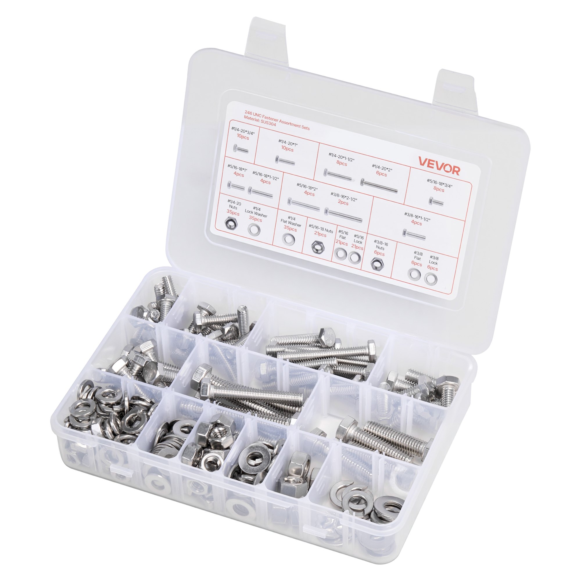 VEVOR Kit Assortimento di Bulloni Dadi da 246 pezzi, Viti Imperiali e Rondelle Piatte, Acciaio Inox 1/4-20, 5/16-18, 3/8-16, Kit di Viti Dadi Assemblaggio per Mobili Attrezzature, Fai da te