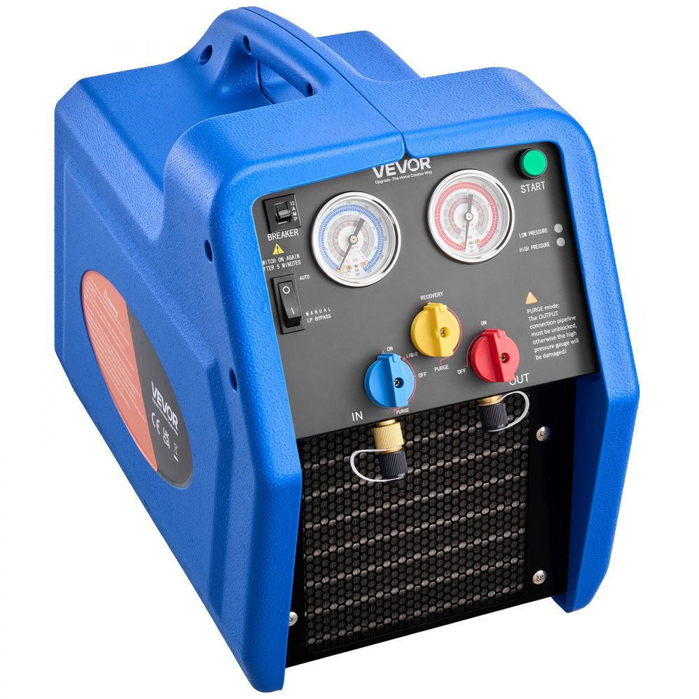 VEVOR Stazione di Recupero Refrigerante Portatile da 1 CV Macchina Recupero Refrigerante Doppio Cilindro per Sistema HVAC per Autoveicoli Velocità 1450 giri/min Temperatura di Lavoro 0–40 ℃