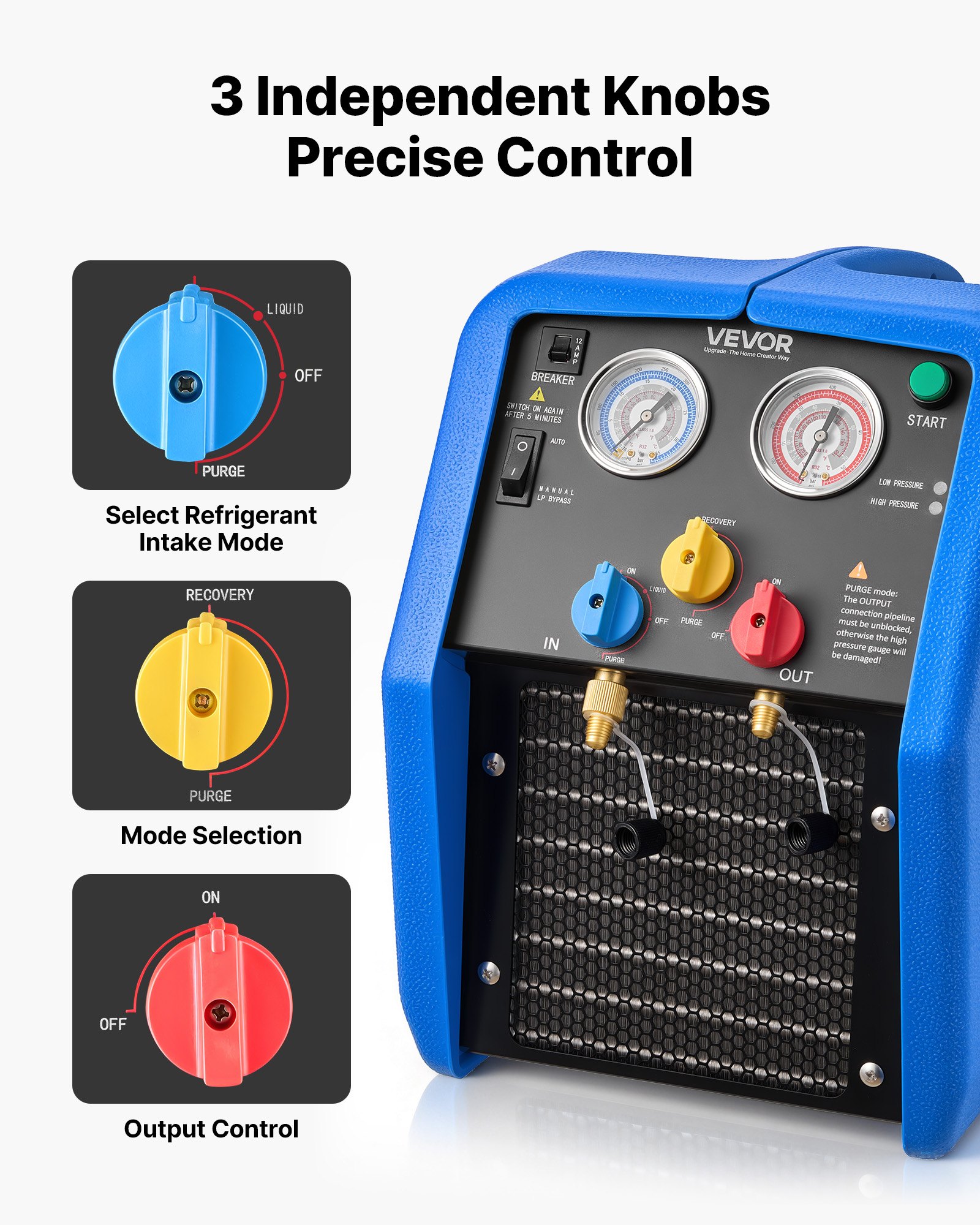 VEVOR Stazione di Recupero Refrigerante Portatile da 1 CV Macchina Recupero Refrigerante Doppio Cilindro per Sistema HVAC per Autoveicoli Velocità 1450 giri/min Temperatura di Lavoro 0–40 ℃