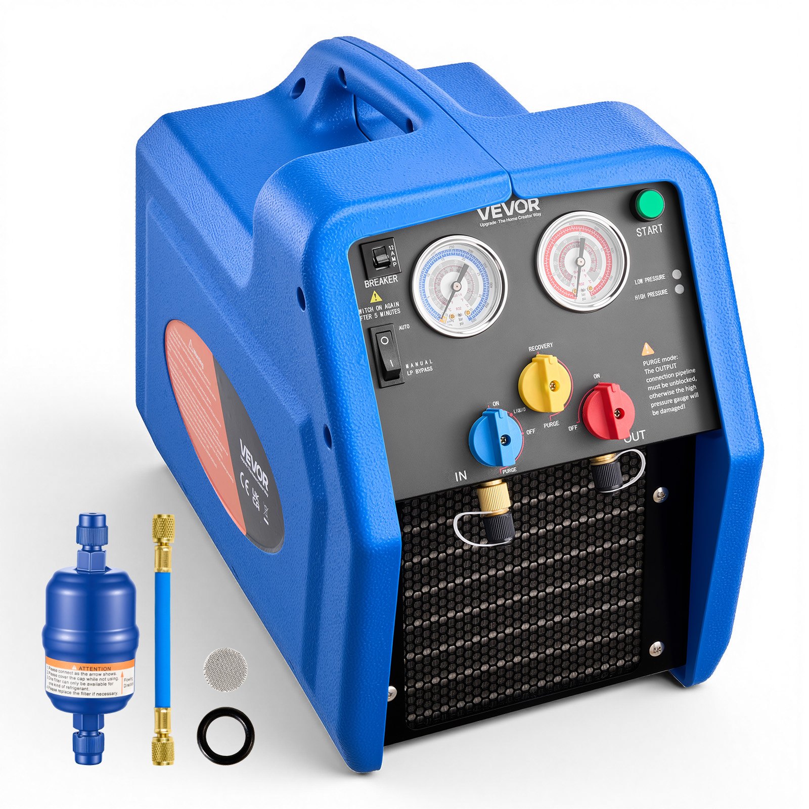 VEVOR Stazione di Recupero Refrigerante Portatile da 1 CV Macchina Recupero Refrigerante Doppio Cilindro per Sistema HVAC per Autoveicoli Velocità 1450 giri/min Temperatura di Lavoro 0–40 ℃