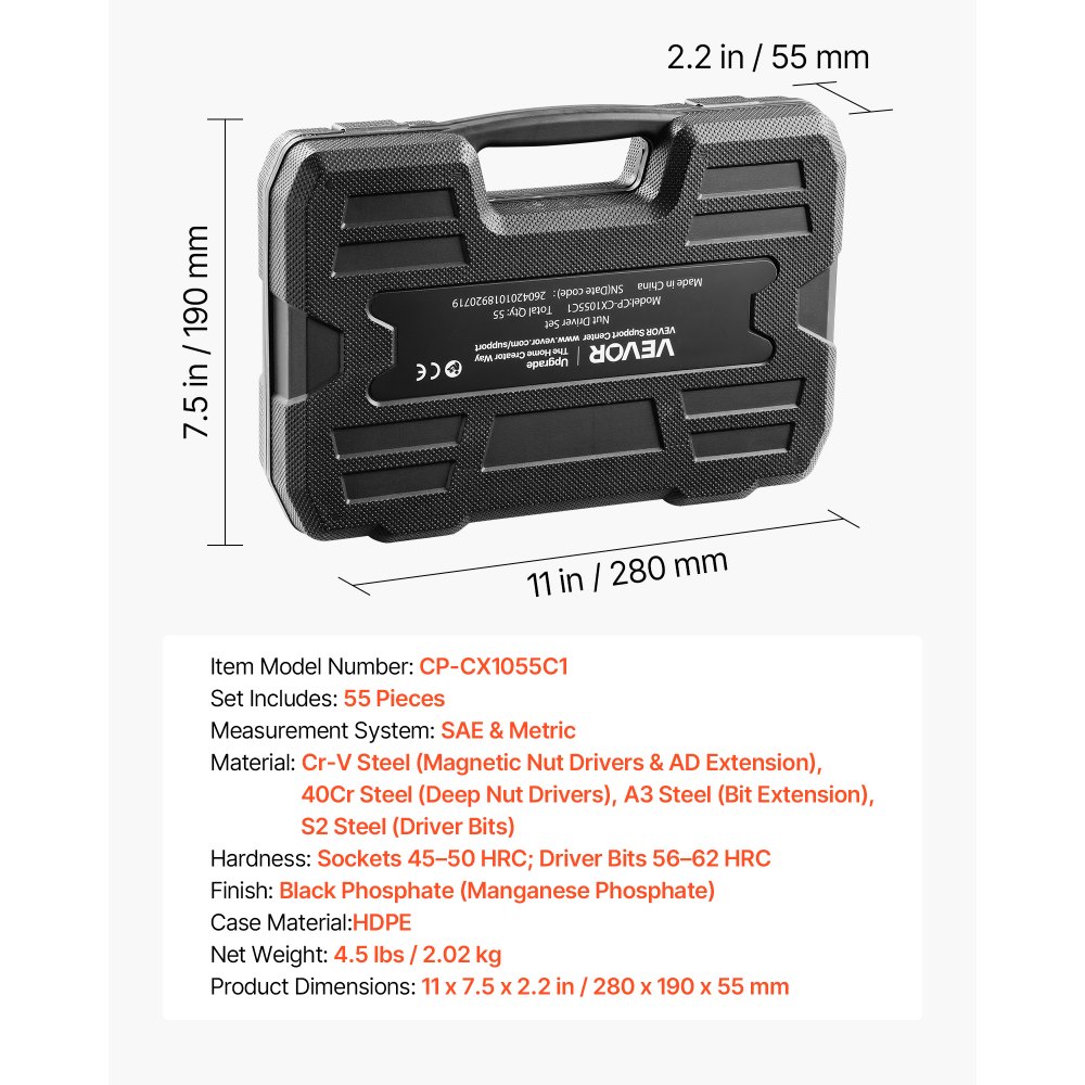VEVOR Set di Chiavi a Bussola per Progetti Fai Da Te, Chiavi a Bussola Magnetiche 55 Pezzi, Misure SAE e Metriche, con Dispositivi di Regolazione, Prolunga, Inserti e Custodia, per Riparazioni Auto