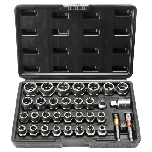 VEVOR Set di Estrattore per Viti Dadi 29 Pezzi 6mm/10mm/10,5mm/19mm, Strumenti per la Rimozione di Viti Danneggiate in Acciaio CR-MO con Valigetta per la Rimozione di Bulloni Danneggiati da Officina