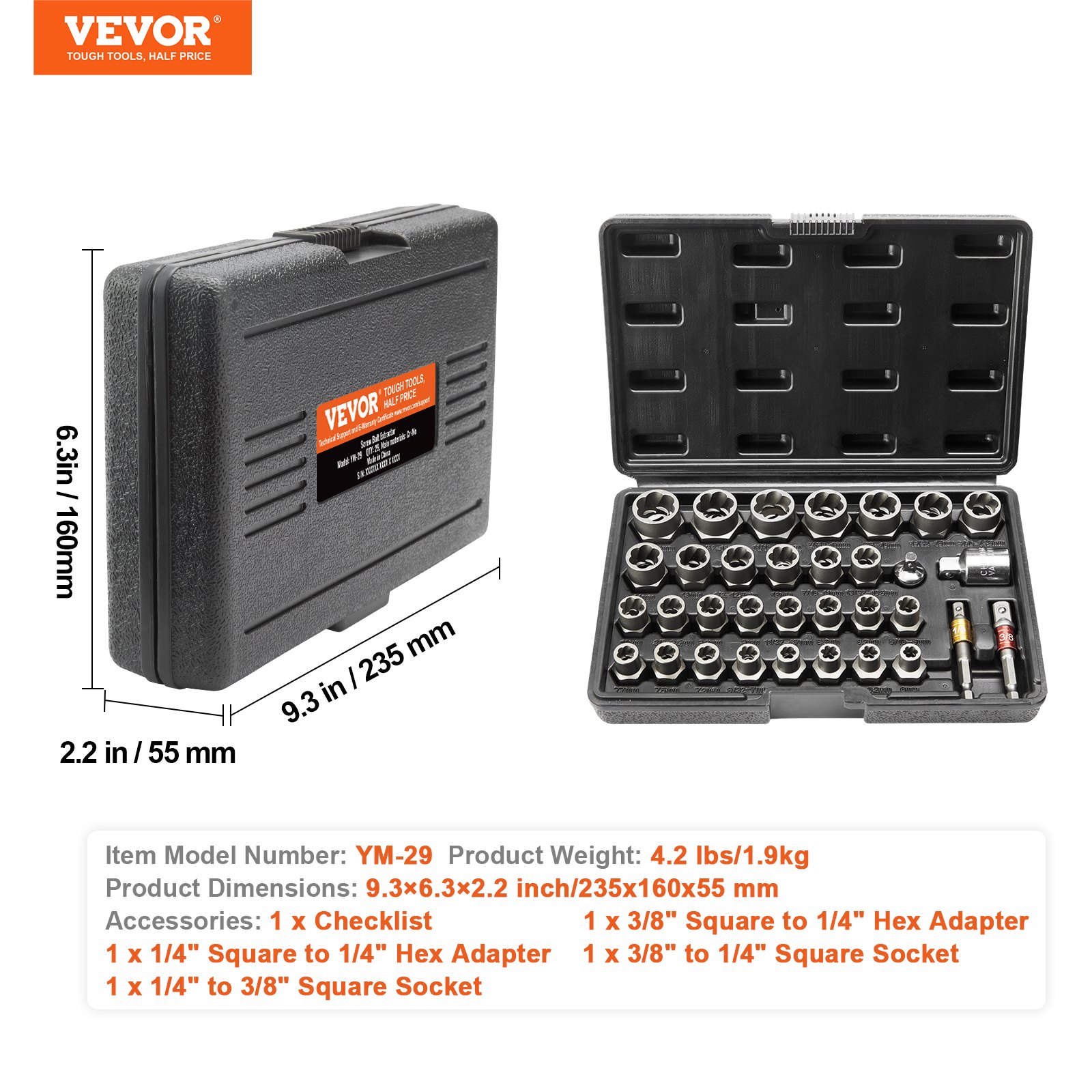 VEVOR Set di Estrattore per Viti Dadi 29 Pezzi 6mm/10mm/10,5mm/19mm, Strumenti per la Rimozione di Viti Danneggiate in Acciaio CR-MO con Valigetta per la Rimozione di Bulloni Danneggiati da Officina