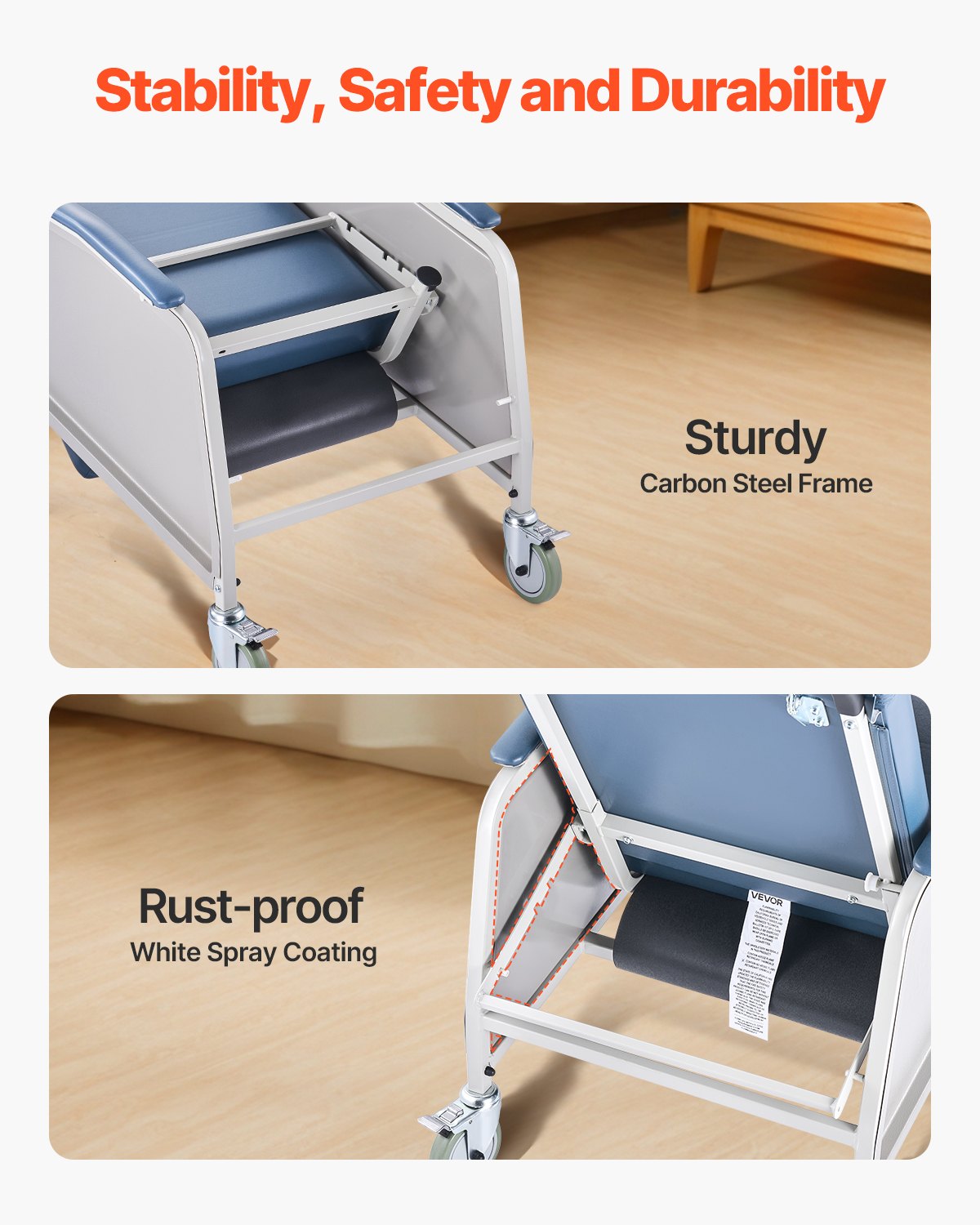 VEVOR Medical Reclining Chair, with 3 reclining positions, geriatric chair with 4 wheels, soft padded seat & removable tray, ideal for hospitals, nursing homes & home care