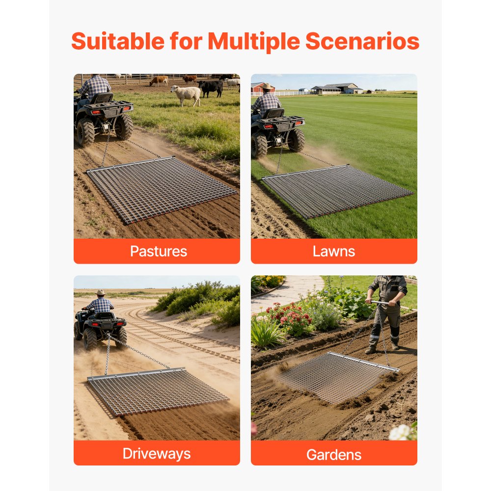 VEVOR Erpice a Catena per Prato a Traino in Acciaio Zincato 122x122 cm, Erpice a Catena Trainato Rete Livellatrice da Giardino per Campi, Rete in Metallo Compatibile per Trattori ATV Tosaerba