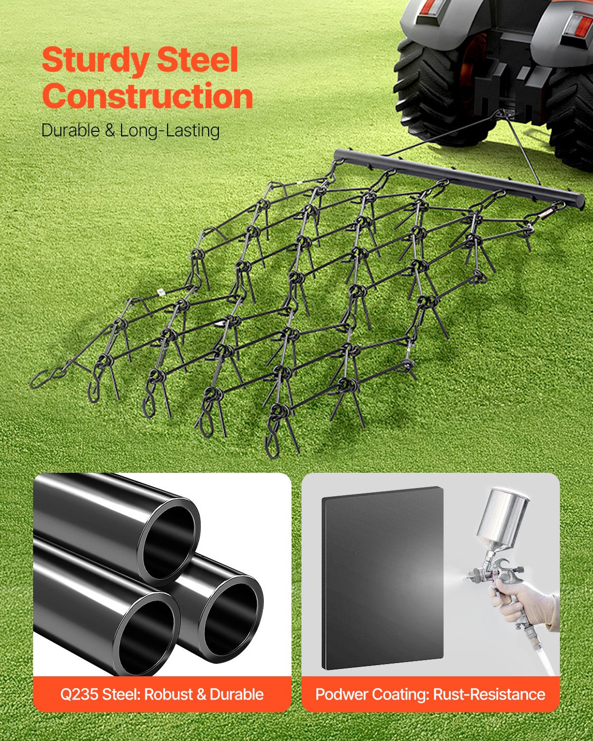 VEVOR trailing harrow, 1707x1219mm, meadow harrow with 80 sharp teeth, suitable for ATV & UTV tractor, for soil preparation, sowing, smoothing landscapes & maintenance of gravel driveways