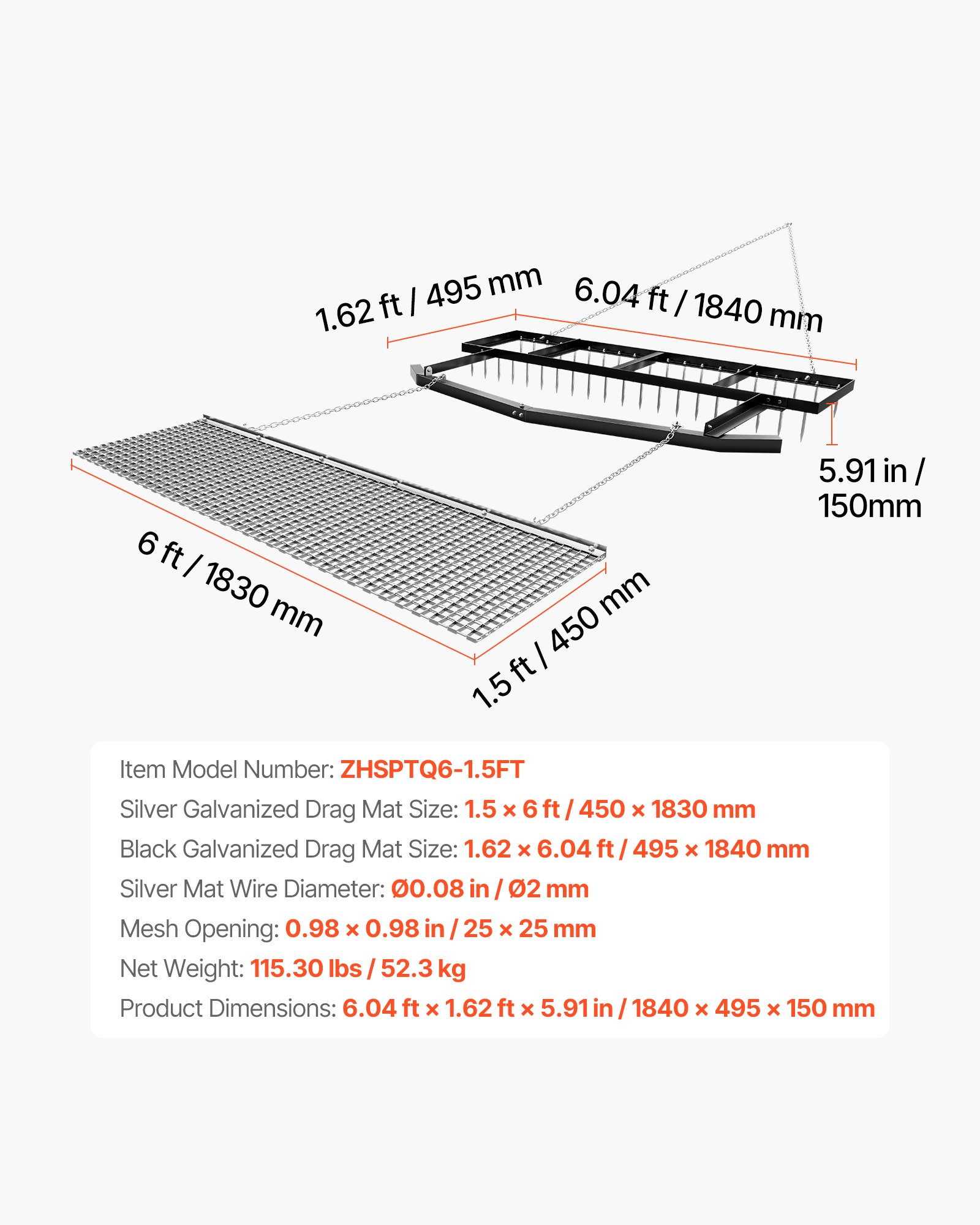 VEVOR Erpice a Catena di Trascinamento 45 x 183 cm Trainato con Rastrello Livellatore, Erpice da Prato 49,5 x 184 cm per Prato Vialetto Terreno, Compatibile con ATV UTV Trattori, Acciaio Zincato