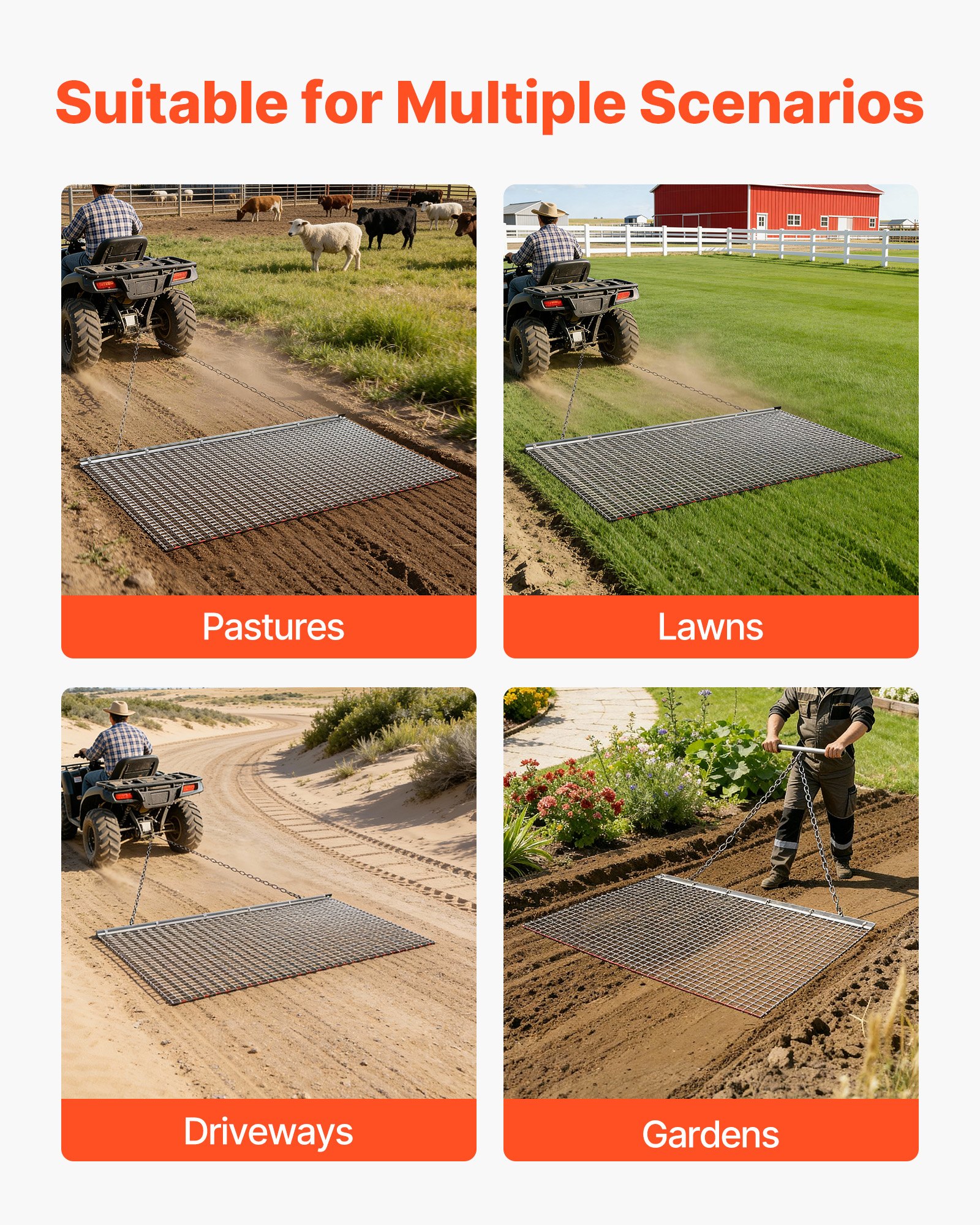 VEVOR Erpice a Catena per Prato a Traino in Acciaio Zincato 183x91,4 cm, Erpice a Catena Trainato Rete Livellatrice per Campi, Rete in Metallo Compatibile per Trattori ATV Tosaerba da Giardino