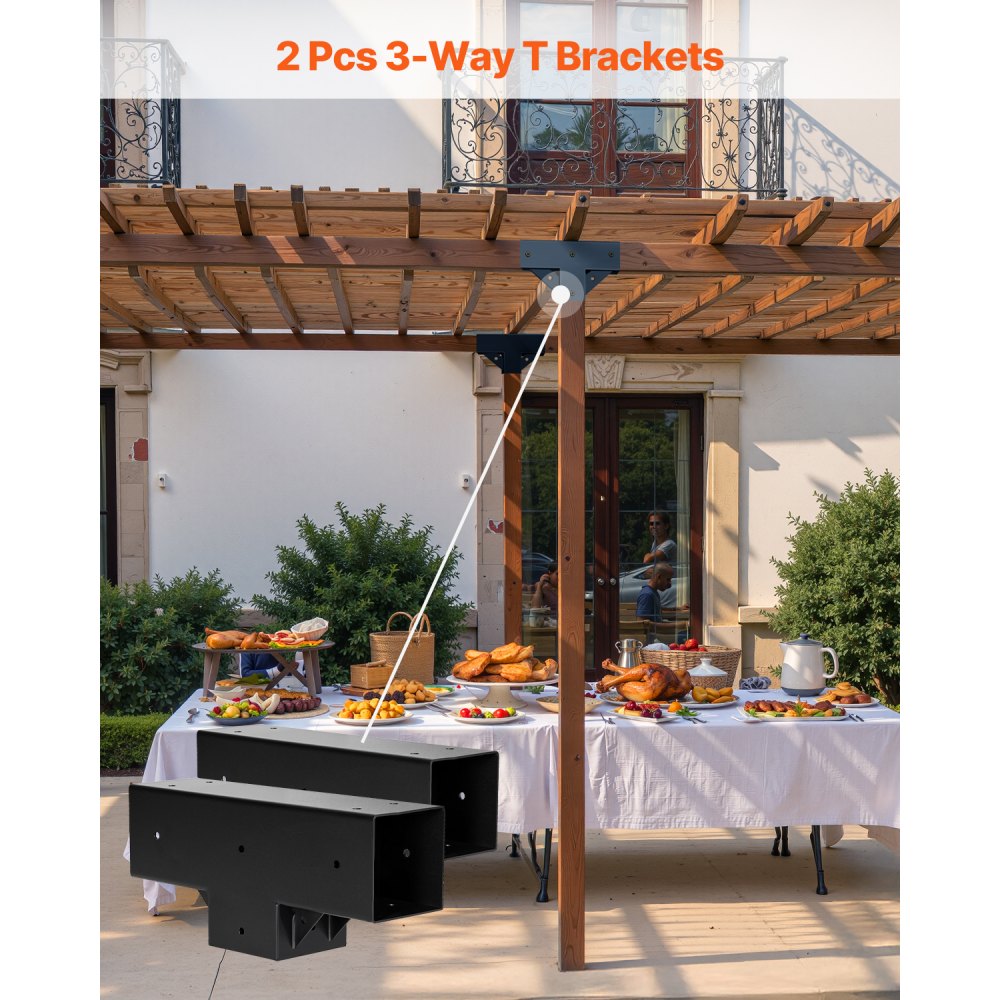 VEVOR Pergola Kit 2-Pack, T-Shaped 4x4 (Actual 92 x 92 mm), 3-Way Pergola Brackets DIY Woodworking Gazebo Bracket Kit with Screws for 92 x 92 mm Wood Beams in Actual Size for Outdoor Party Banquet