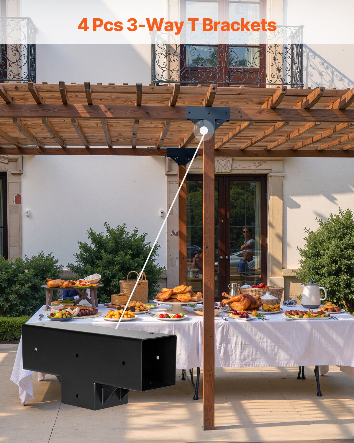 VEVOR Kit Staffe per Pergola, Adatto per Travi in Legno 92 x 92 mm in Dimensioni Reali, Kit di Staffe per Gazebo in Legno Fai da Te a 3 Vie con Viti, Confezione 4, per Banchetti per Feste all'Aperto