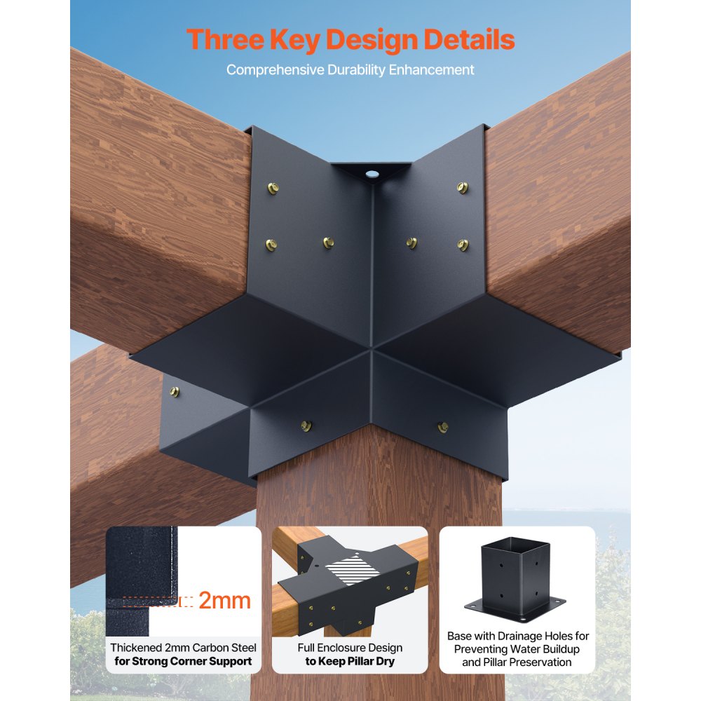 VEVOR Kit Staffe per Pergola, Adatto per Travi in Legno 92 x 92 mm in Dimensioni Reali, Staffe per Gazebo a 3 Vie, 4 Pezzi e 4 Vie, 2 Pezzi con 6 Basi per Pali, per Pergole Esterne, Gazebo, Capannoni