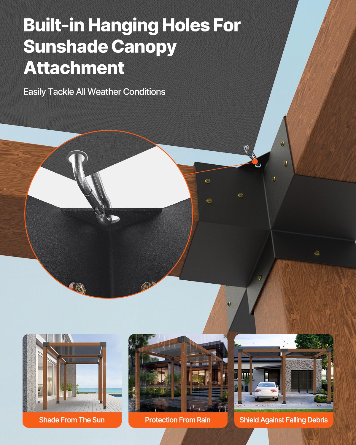 VEVOR Kit Staffe per Pergola, Adatto per Travi in Legno 92 x 92 mm in Dimensioni Reali, Staffe per Gazebo a 3 Vie, 4 Pezzi e 4 Vie, 2 Pezzi con 6 Basi per Pali, per Pergole Esterne, Gazebo, Capannoni