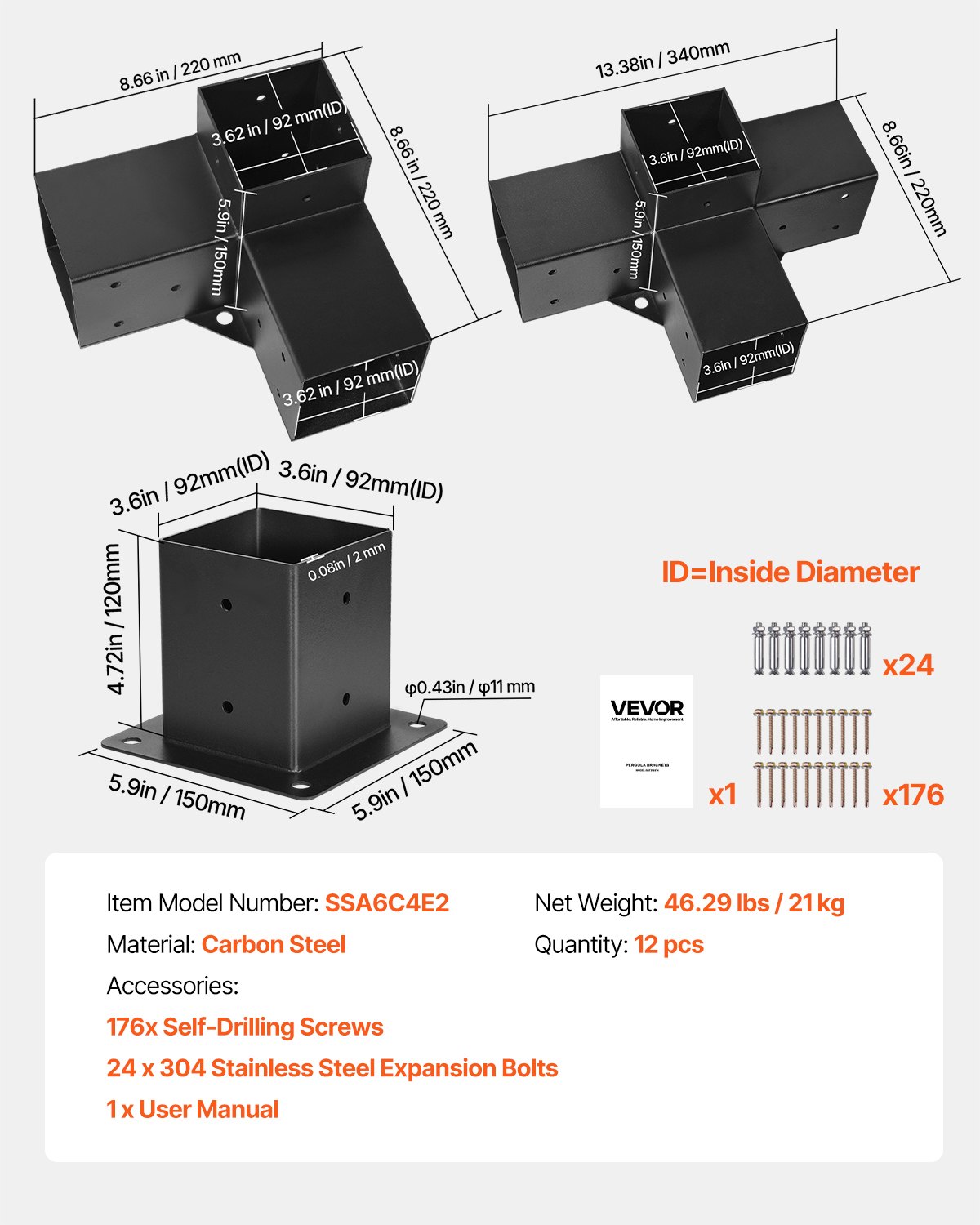 VEVOR Kit Staffe per Pergola, Adatto per Travi in Legno 92 x 92 mm in Dimensioni Reali, Staffe per Gazebo a 3 Vie, 4 Pezzi e 4 Vie, 2 Pezzi con 6 Basi per Pali, per Pergole Esterne, Gazebo, Capannoni