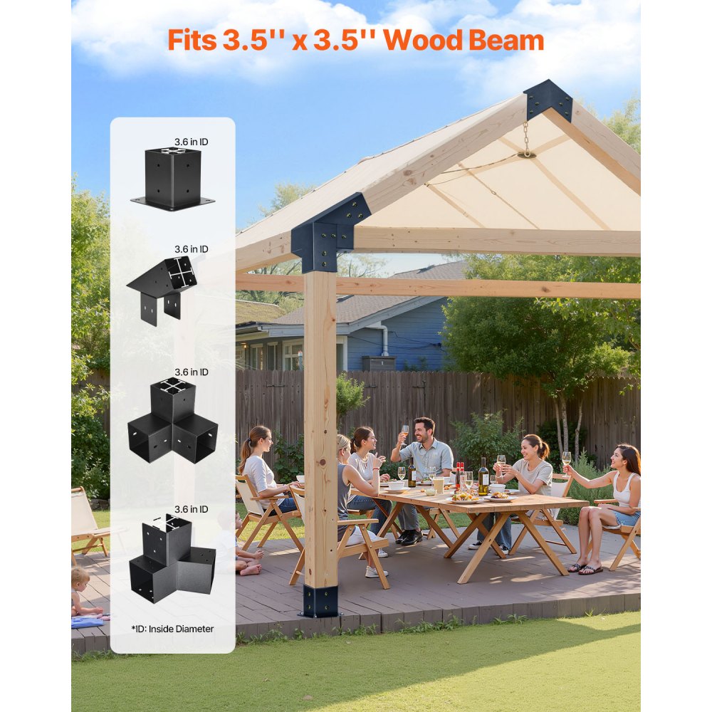 VEVOR Kit Staffe per Pergola con Tetto a Punta, per Legname 92 x 92 mm in Dimensioni Reali, Staffe per Gazebo a 3/4 Vie, Basi per Pali e Staffe di Colmo per Pergole Esterne, Gazebo e Capannoni, 14 PZ