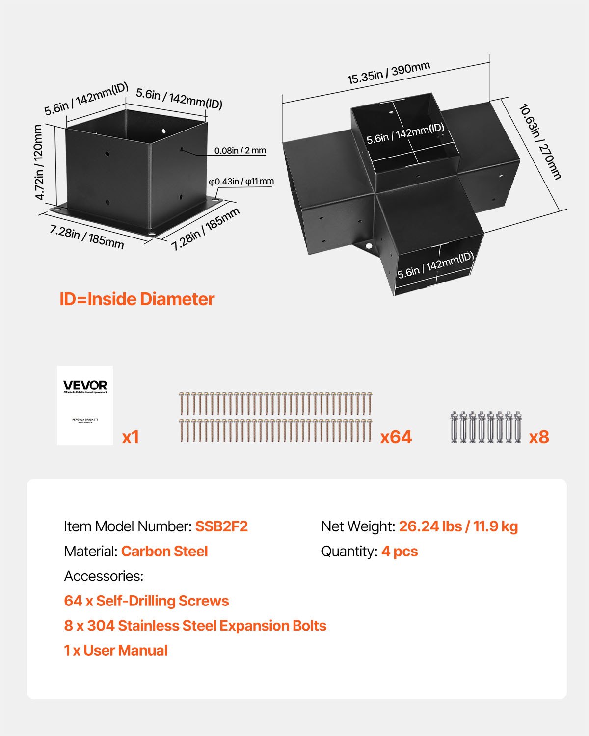 VEVOR Kit Staffe per Pergola 15x15 cm Supporto per Pali in Legno da Carpenteria 2 Staffe Angolari a 4 Vie 2 Basi per Travi Fai da Te per Gazebo, Pergolati da Patio, Cabine, Kit Staffe per Pergola 4 pz