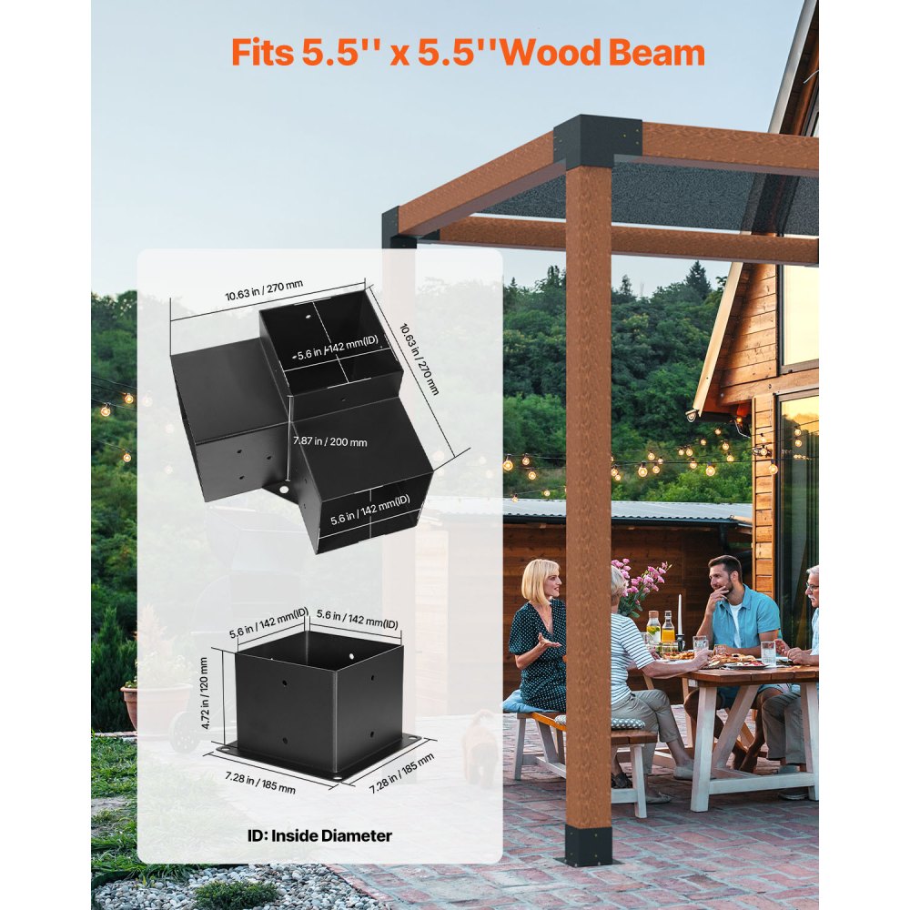VEVOR Kit Staffe per Pergolato, ca. 15x15 cm Adatto per 142 x 142 mm, 4 Staffe Angolari Resistenti a 3 Vie, Kit Base per Pali in Legno, Travi in Legno di Facile Installazione per Gazebo, Baita