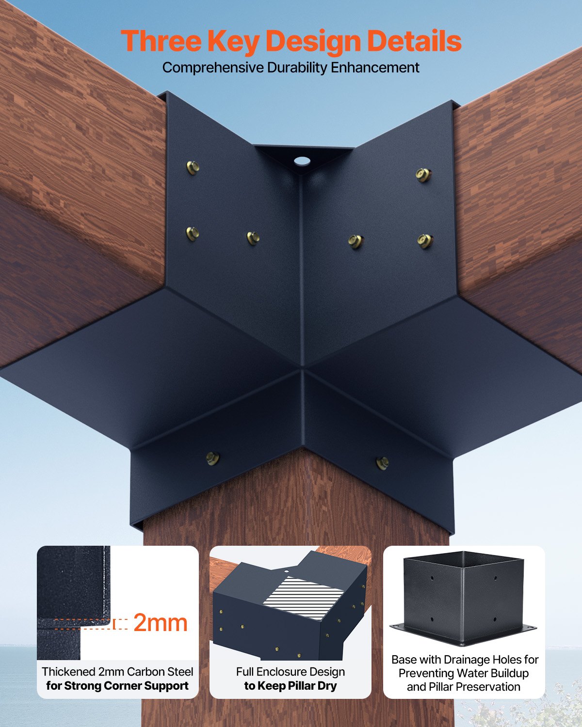 VEVOR Kit Staffe per Pergolato, ca. 15x15 cm Adatto per 142 x 142 mm, 4 Staffe Angolari Resistenti a 3 Vie, Kit Base per Pali in Legno, Travi in Legno di Facile Installazione per Gazebo, Baita