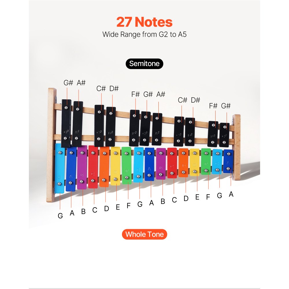 VEVOR Glockenspiel Diatonico Xilofono, 27 Note, Strumento a Percussione Professionale Xilofono, con Tasti Colorati in Metallo, con 4 Bacchette, Borsa per Trasporto, per Insegnamento