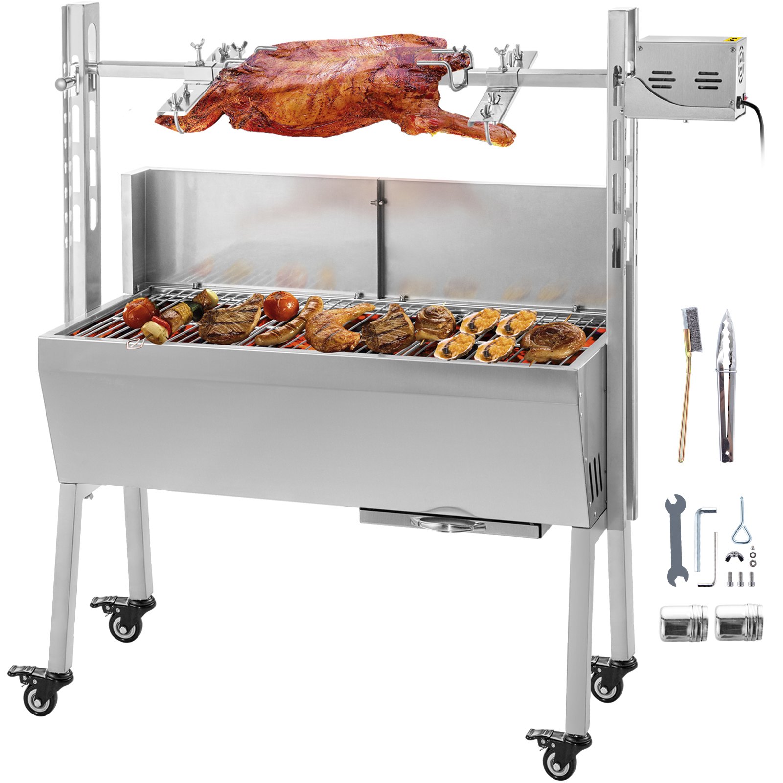 VEVOR Girarrosto BBQ per Agnello Capacità da 40kg con Lamiera, Griglia a Barbecue Motore Elettrico 25W con Forchetta per Arrosto, Forno in Piedi BBQ in Acciaio Inox con Pedana e Ruote per Campeggio
