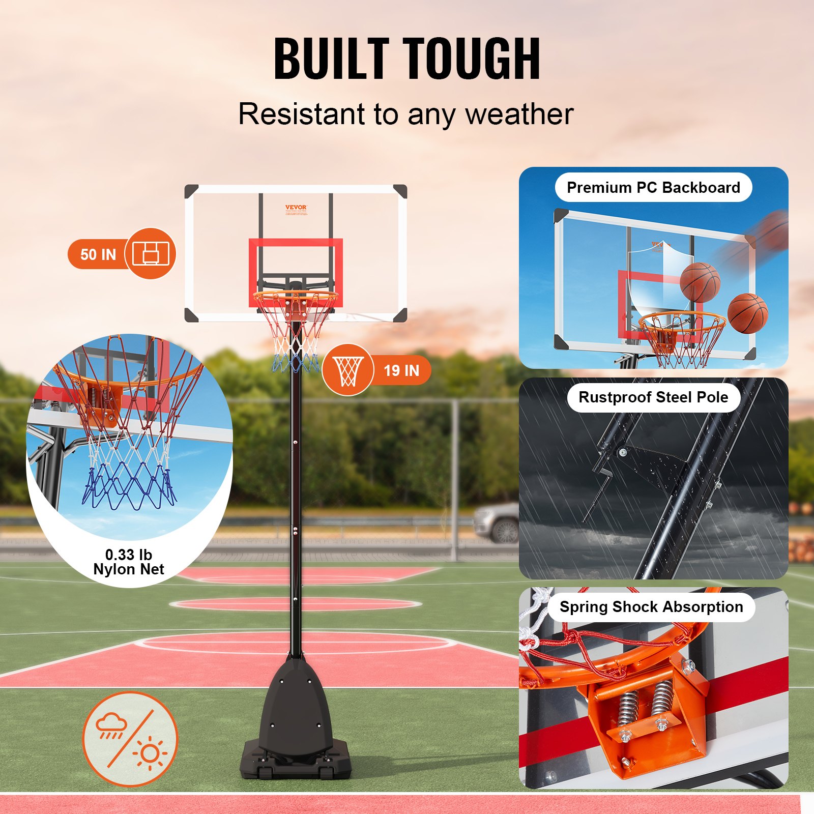 VEVOR Canestro da Basket Portatile per Interni ed Esterni 128 cm Altezza Regolabile 232-305 cm Tabellone da Basket Indipendente con Ruote con Base Pesata per Bambini Adulti Regalo Allenamento di Basket