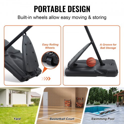 VEVOR Supporto da Basket Portatile Massimo 3,05 m Pallacanestro da Esterno con Piedistallo Regolabile in Altezza Design di Sollevamento, con Ruote e Tabellone PC da 1371,6 mm, per Cortili, Scuole