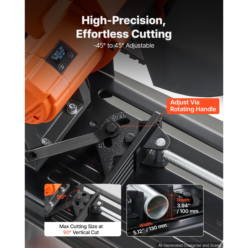 VEVOR Troncatrice a Secco con Lama da 355 mm con Motore Brushless da 3500 W, per Metalli, Angolo Regolabile da -45° a 45°, Velocità da 750 a 1200 giri/min, Taglio a Freddo, con Contenitore per Rifiuti